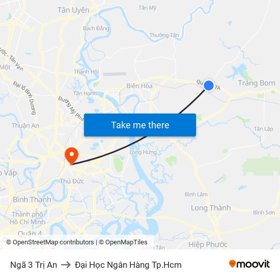 Ngã 3 Trị An to Đại Học Ngân Hàng Tp.Hcm map