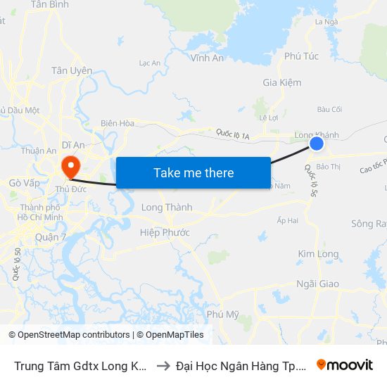 Trung Tâm Gdtx Long Khánh to Đại Học Ngân Hàng Tp.Hcm map