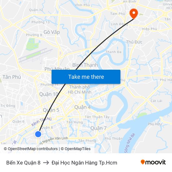 Bến Xe Quận 8 to Đại Học Ngân Hàng Tp.Hcm map