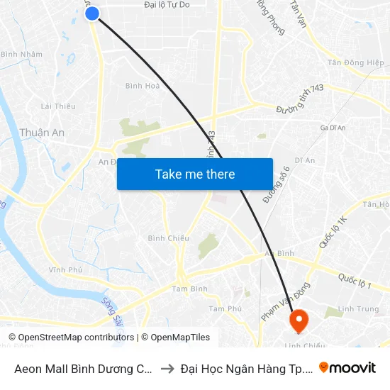 Aeon Mall Bình Dương Canary to Đại Học Ngân Hàng Tp.Hcm map