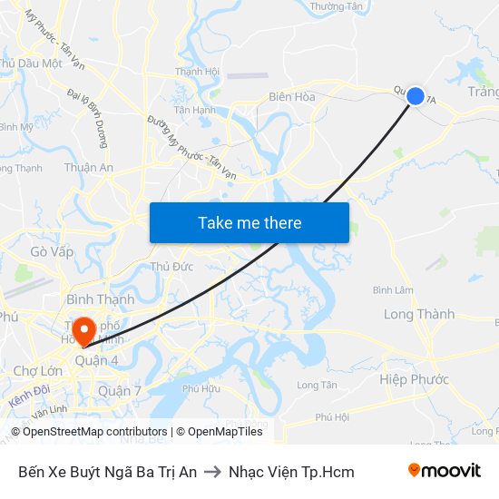 Bến Xe Buýt Ngã Ba Trị An to Nhạc Viện Tp.Hcm map