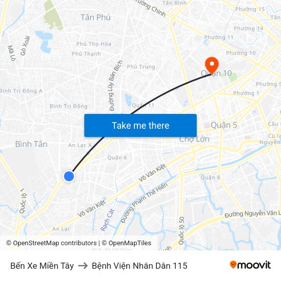 Bến Xe Miền Tây to Bệnh Viện Nhân Dân 115 map