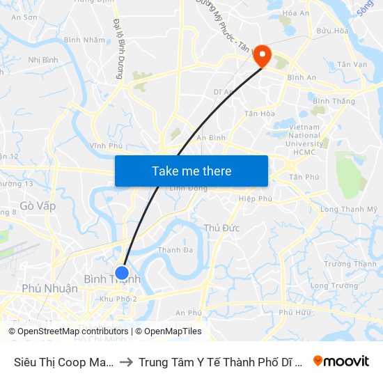 Siêu Thị Coop Mart to Trung Tâm Y Tế Thành Phố Dĩ An map