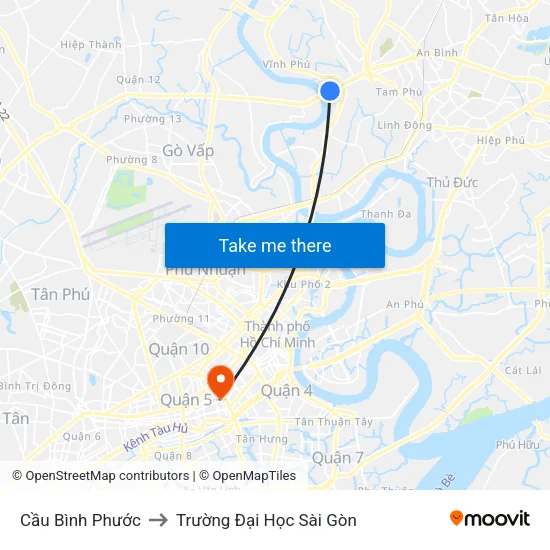 Cầu Bình Phước to Trường Đại Học Sài Gòn map