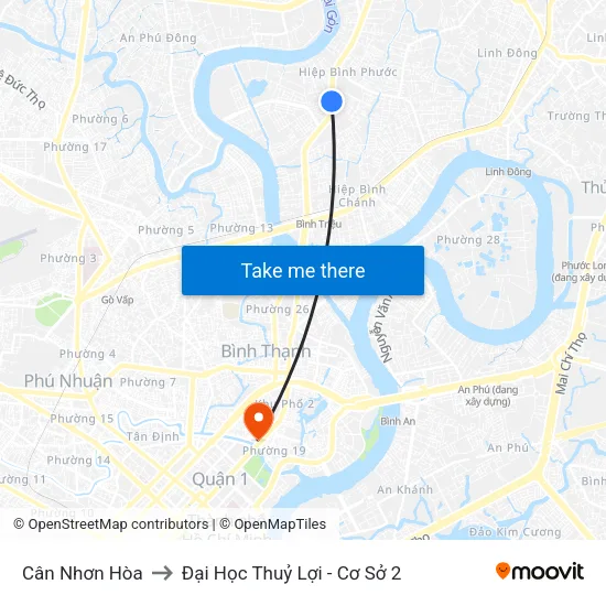 Cân Nhơn Hòa to Đại Học Thuỷ Lợi - Cơ Sở 2 map
