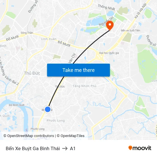 Bến Xe Buýt Ga Bình Thái to A1 map