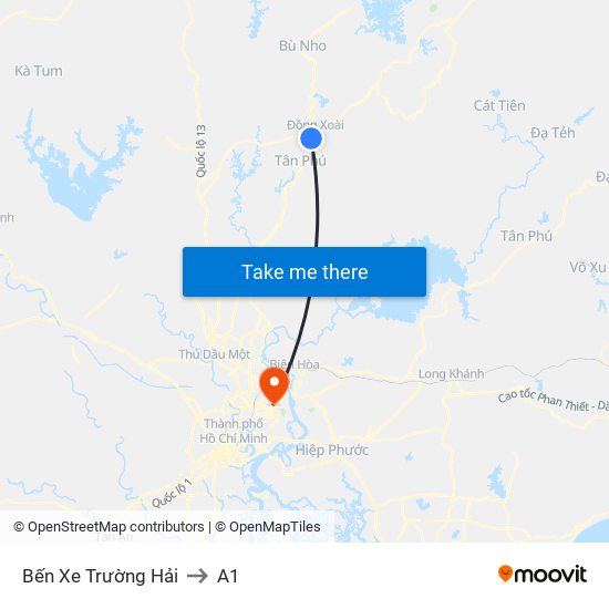 Bến Xe Trường Hải to A1 map