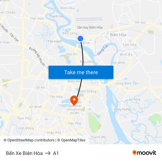 Bến Xe Biên Hòa to A1 map