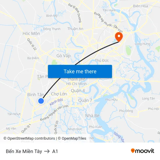 Bến Xe Miền Tây to A1 map