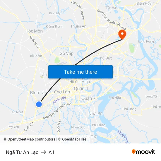 Ngã Tư An Lạc to A1 map