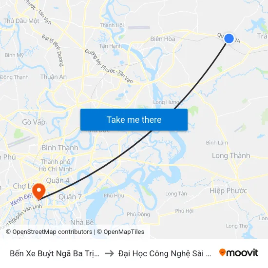 Bến Xe Buýt Ngã Ba Trị An to Đại Học Công Nghệ Sài Gòn map