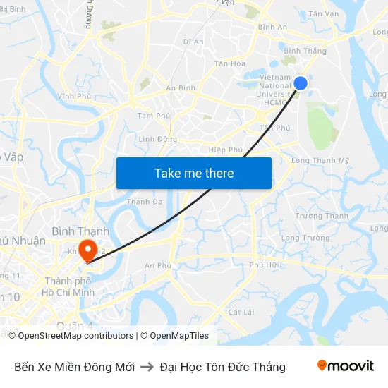 Bến Xe Miền Đông Mới to Đại Học Tôn Đức Thắng map