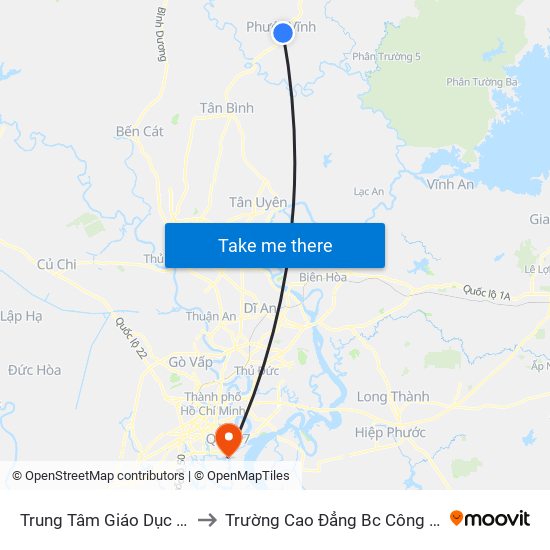 Trung Tâm Giáo Dục Thường Xuyên Huyện Phú Giáo to Trường Cao Đẳng Bc Công Nghệ Và Quản Trị Doanh Nghiệp (Ctim) map