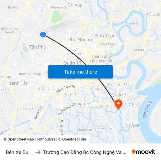 Bến Xe Buýt Tân Phú to Trường Cao Đẳng Bc Công Nghệ Và Quản Trị Doanh Nghiệp (Ctim) map