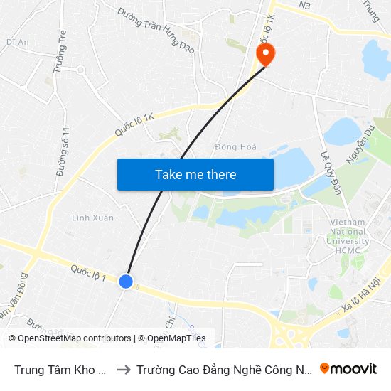 Trung Tâm Kho Vận Linh Xuân to Trường Cao Đẳng Nghề Công Nghệ Nông Lâm Nam Bộ map