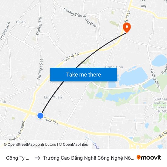 Công Ty Nissan to Trường Cao Đẳng Nghề Công Nghệ Nông Lâm Nam Bộ map