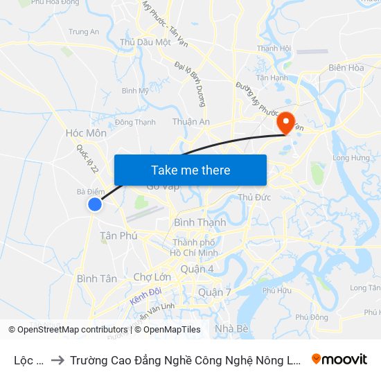 Lộc Ích to Trường Cao Đẳng Nghề Công Nghệ Nông Lâm Nam Bộ map