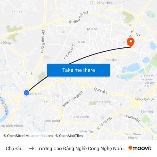 Chợ Đầu Mối to Trường Cao Đẳng Nghề Công Nghệ Nông Lâm Nam Bộ map