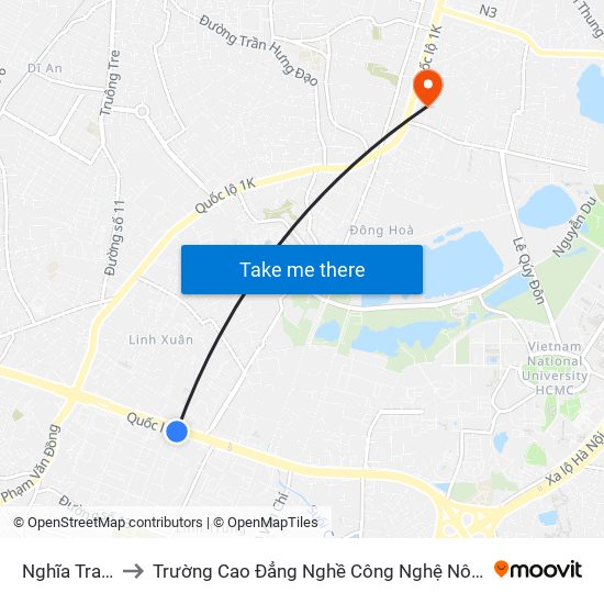 Nghĩa Trang Tp to Trường Cao Đẳng Nghề Công Nghệ Nông Lâm Nam Bộ map