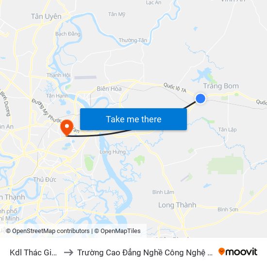 Kdl Thác Giang Điền to Trường Cao Đẳng Nghề Công Nghệ Nông Lâm Nam Bộ map