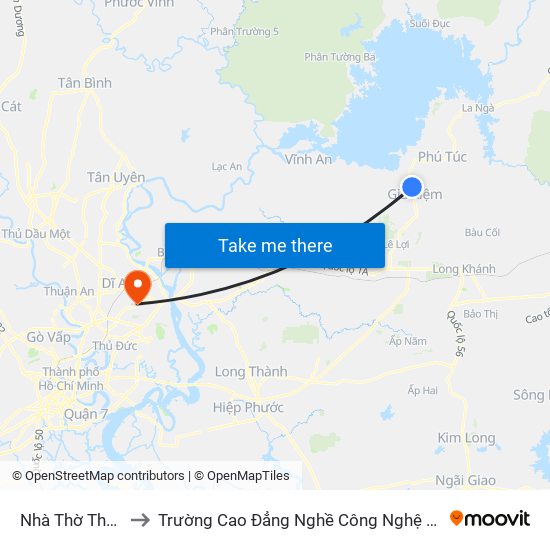 Nhà Thờ Thánh Tâm to Trường Cao Đẳng Nghề Công Nghệ Nông Lâm Nam Bộ map