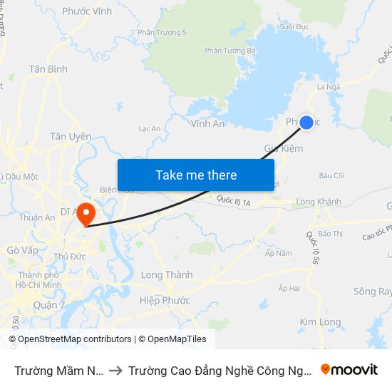 Trường Mầm Non Phú Túc to Trường Cao Đẳng Nghề Công Nghệ Nông Lâm Nam Bộ map