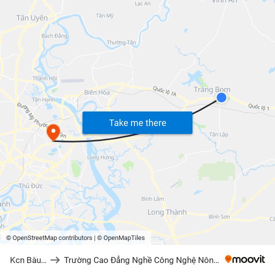 Kcn Bàu Xéo to Trường Cao Đẳng Nghề Công Nghệ Nông Lâm Nam Bộ map