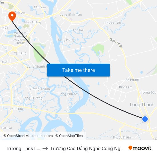 Trường Thcs Long Thành to Trường Cao Đẳng Nghề Công Nghệ Nông Lâm Nam Bộ map