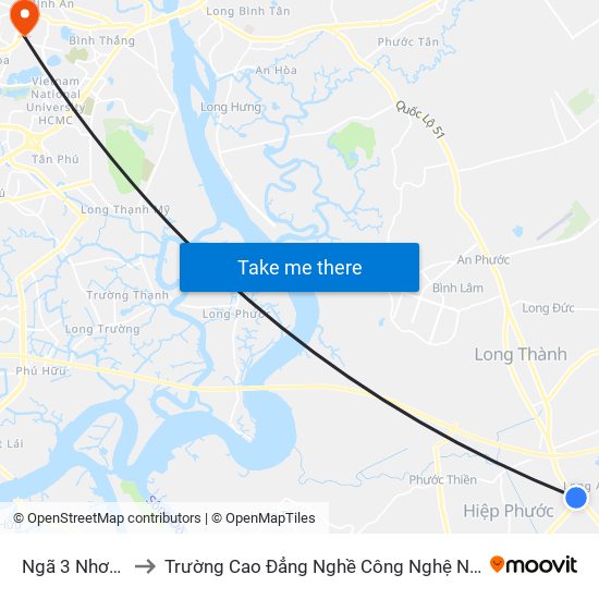 Ngã 3 Nhơn Trạch to Trường Cao Đẳng Nghề Công Nghệ Nông Lâm Nam Bộ map