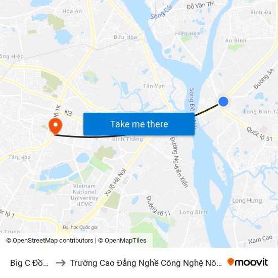 Big C Đồng Nai to Trường Cao Đẳng Nghề Công Nghệ Nông Lâm Nam Bộ map