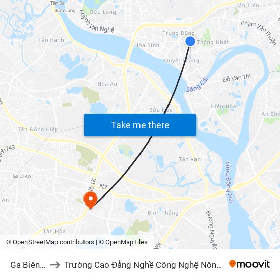 Ga Biên Hòa to Trường Cao Đẳng Nghề Công Nghệ Nông Lâm Nam Bộ map