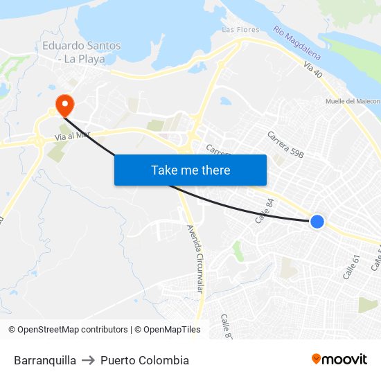 Barranquilla to Puerto Colombia map