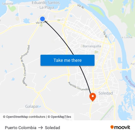 Puerto Colombia to Soledad map