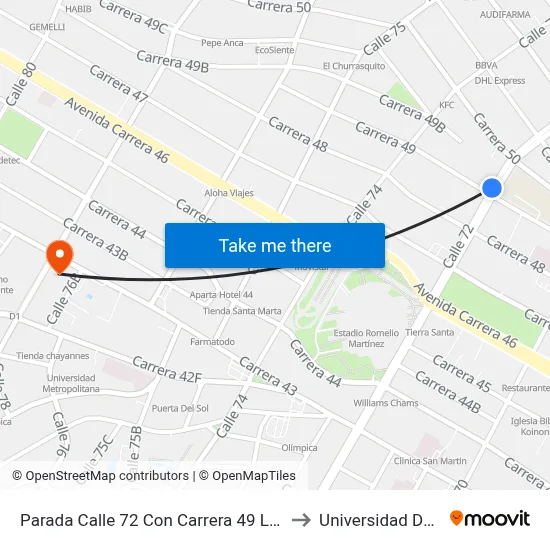 Parada Calle 72 Con Carrera 49 Lado Occidental to Universidad Del Litoral map