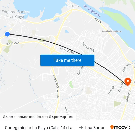 Corregimiento La Playa (Calle 14) Lado Occidental to Itsa Barranquilla map