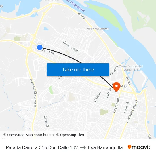 Parada Carrera 51b Con Calle 102 to Itsa Barranquilla map