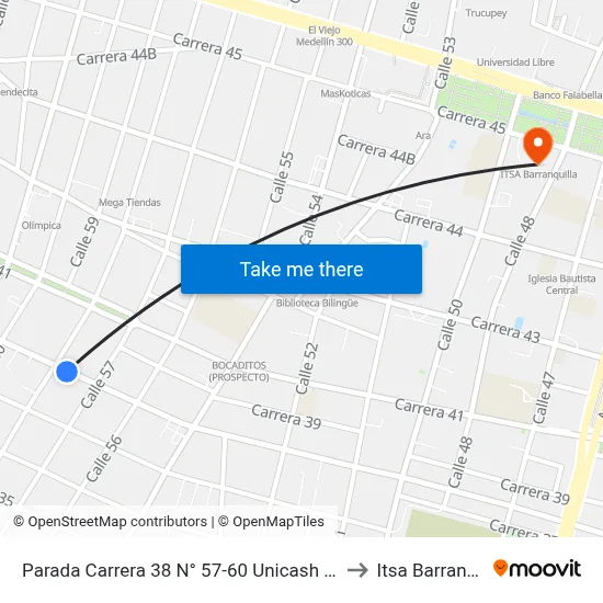 Parada Carrera 38 N° 57-60 Unicash Lado Norte to Itsa Barranquilla map