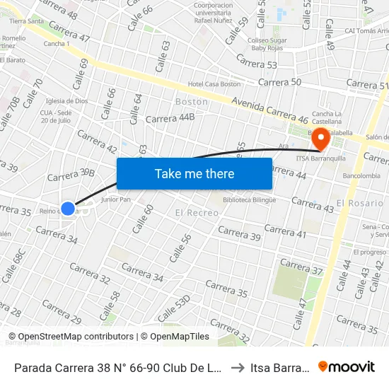 Parada Carrera 38 N° 66-90 Club De Leones Lado Norte to Itsa Barranquilla map
