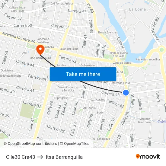 Clle30 Cra43 to Itsa Barranquilla map