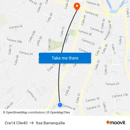 Cra14 Clle40 to Itsa Barranquilla map