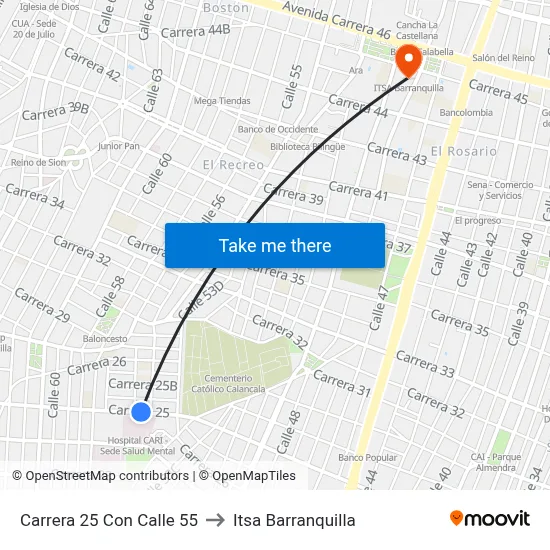 Carrera 25 Con Calle 55 to Itsa Barranquilla map