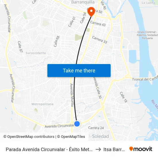 Parada Avenida Circunvalar - Éxito Metropolitano Lado Norte to Itsa Barranquilla map