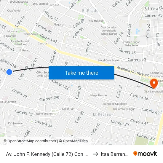 Av. John F. Kennedy (Calle 72) Con Carrera 41 to Itsa Barranquilla map