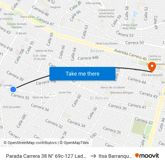Parada Carrera 38 N° 69c-127 Lado Sur to Itsa Barranquilla map