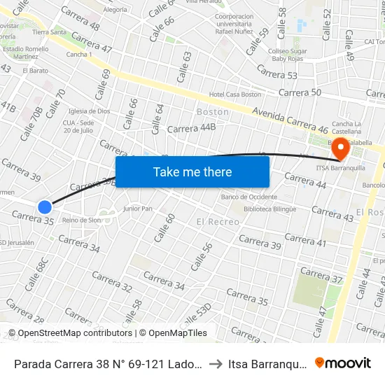 Parada Carrera 38 N° 69-121 Lado Sur to Itsa Barranquilla map