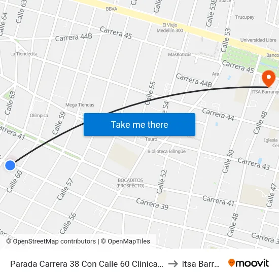 Parada Carrera 38 Con Calle 60 Clinica La Merced Lado Sur to Itsa Barranquilla map