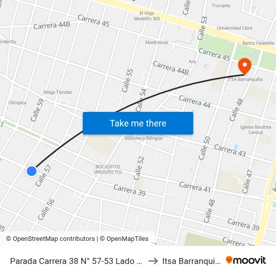 Parada Carrera 38 N° 57-53 Lado Sur to Itsa Barranquilla map