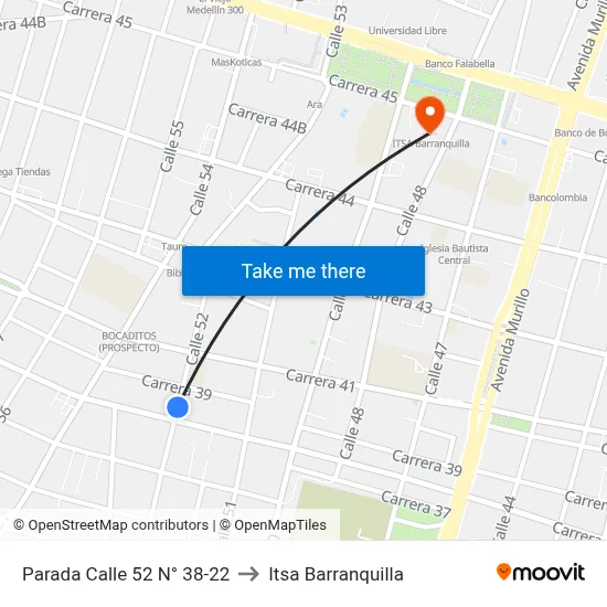 Parada Calle 52 N° 38-22 to Itsa Barranquilla map