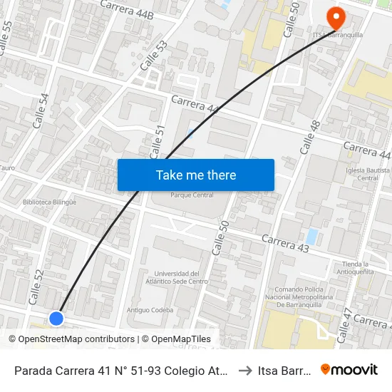 Parada Carrera 41 N° 51-93 Colegio Ateneo Técnico Comercial to Itsa Barranquilla map
