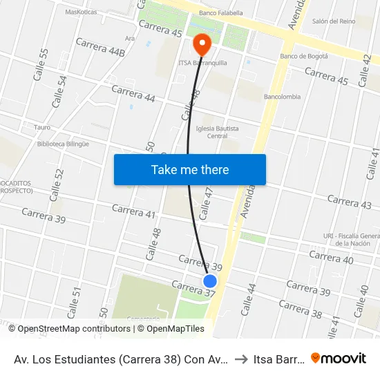 Av. Los Estudiantes (Carrera 38) Con Av. Murillo (Calle 45) Lado Sur to Itsa Barranquilla map